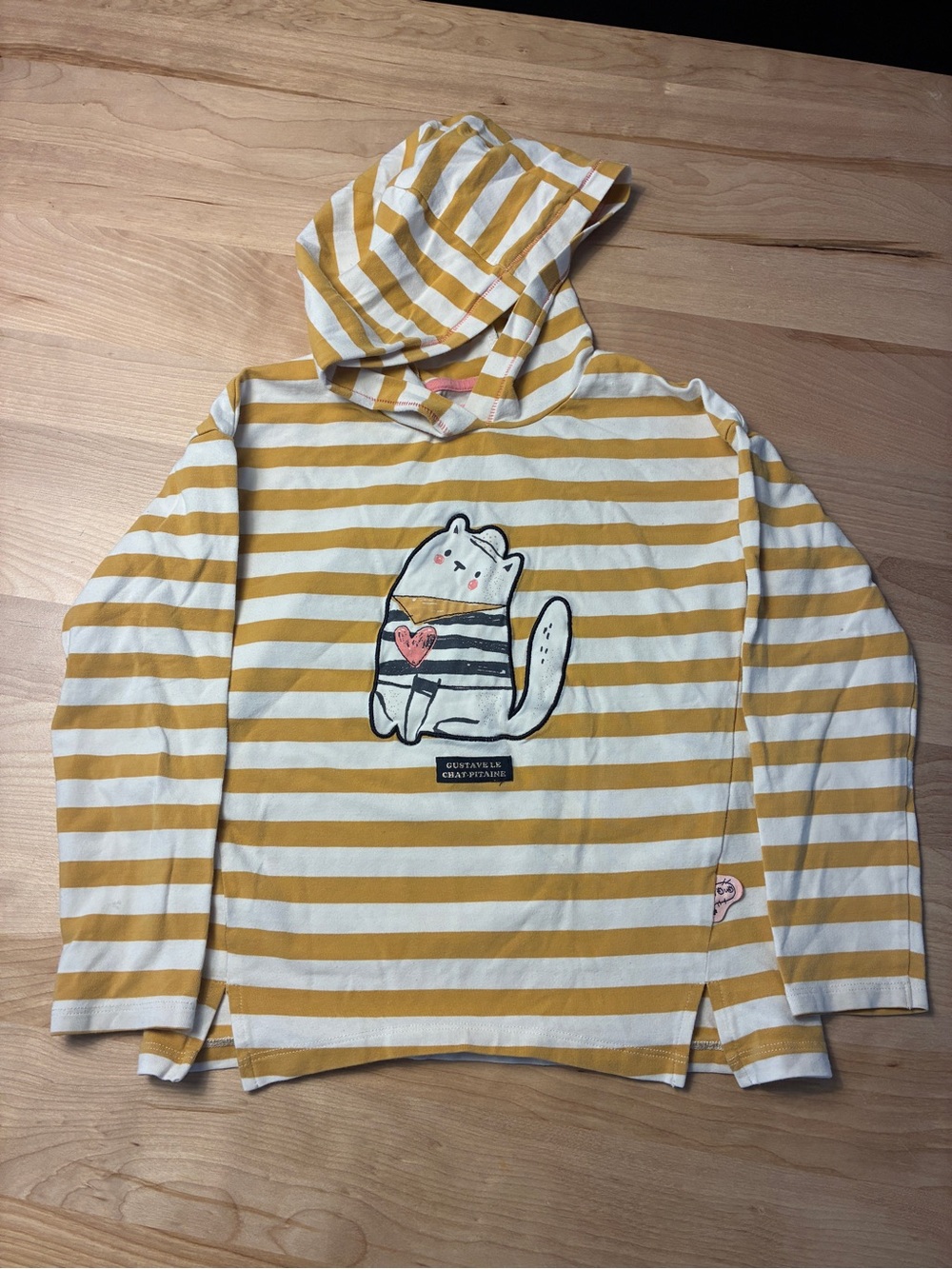Souris Mini - Striped Yellow & White Hooded Kids Top with Cat Motif